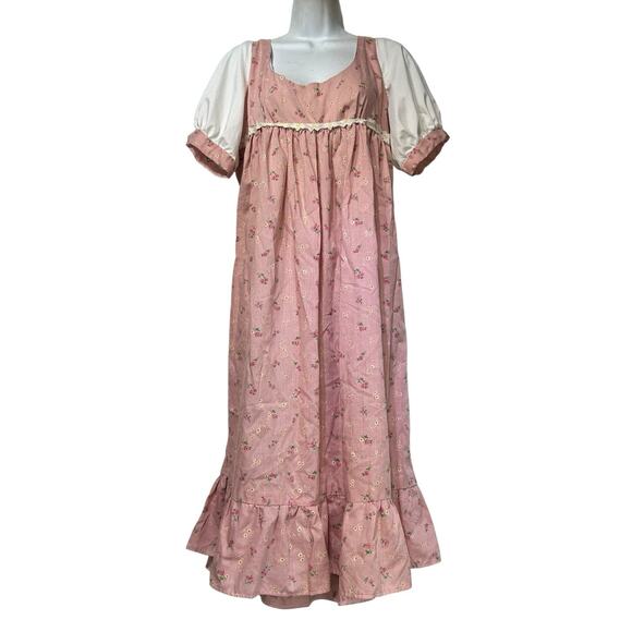 Vintage Pink Prairie Cottagecore Maxi Dress Floral Puff Sleeve Lace Handmade - Picture 1 of 7